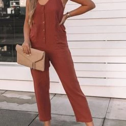 Levency Button Pockets V Neck Tank Jumpsuits New In