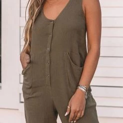 Levency Button Pockets V Neck Tank Jumpsuits New In