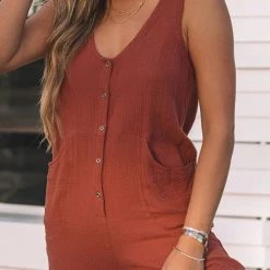 Levency Button Pockets V Neck Tank Jumpsuits New In