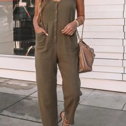 Levency Button Pockets V Neck Tank Jumpsuits New In