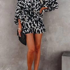 Levency Leopard V Neck Kimono Romper