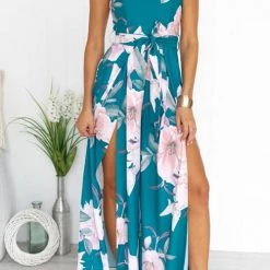 Levency New In Floral Print Strapless Split Leg Jumpsuit