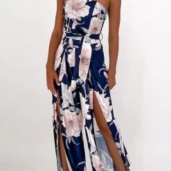 Levency New In Floral Print Strapless Split Leg Jumpsuit