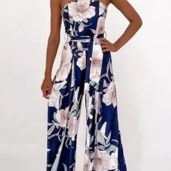 Levency New In Floral Print Strapless Split Leg Jumpsuit