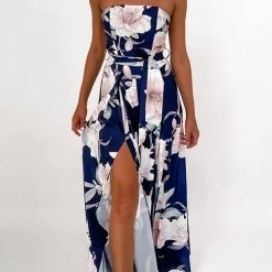 Levency New In Floral Print Strapless Split Leg Jumpsuit