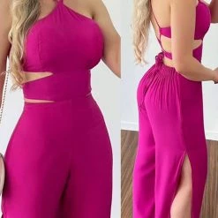 Levency Halter Neck Lace Back Slit Jumpsuits New In