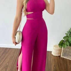 Levency Halter Neck Lace Back Slit Jumpsuits New In