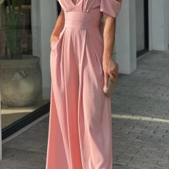 Levency New In V Neck Puff Sleeve Belted Jumpsuit