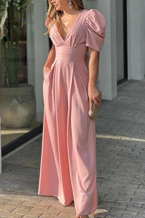 Levency New In V Neck Puff Sleeve Belted Jumpsuit 1 Levency New In V Neck Puff Sleeve Belted Jumpsuit