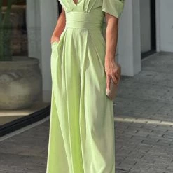 Levency New In V Neck Puff Sleeve Belted Jumpsuit