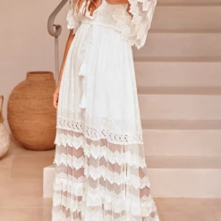 Levency Lace V Neck Open Back Maxi Dress New In