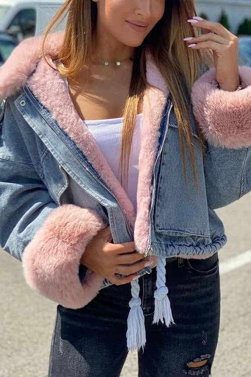 Levency Detachable Fuzzy Faux Fur Collar Denim Coat New In 23 Levency Detachable Fuzzy Faux Fur Collar Denim Coat New In