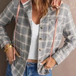 Levency New In Flannel Plaid Button Down Hoodie Top