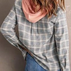 Levency New In Flannel Plaid Button Down Hoodie Top
