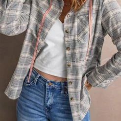 Levency New In Flannel Plaid Button Down Hoodie Top