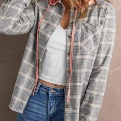Levency New In Flannel Plaid Button Down Hoodie Top