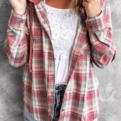 Levency New In Flannel Plaid Button Down Hoodie Top