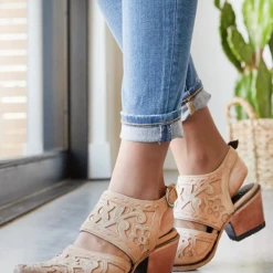 Levency Etching Cut Out Chunky Heels Ankle Mule Boots