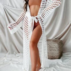 Levency Knitted Pierced Solid Color Beach Coat