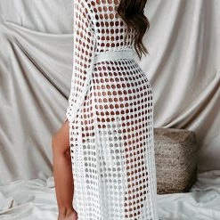 Levency Knitted Pierced Solid Color Beach Coat