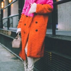 Levency Plush Color Block Button Pocket Coat