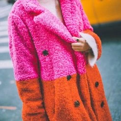 Levency Plush Color Block Button Pocket Coat