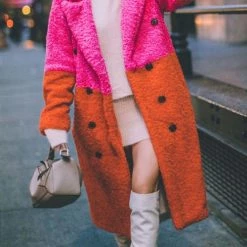 Levency Plush Color Block Button Pocket Coat