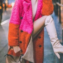 Levency Plush Color Block Button Pocket Coat