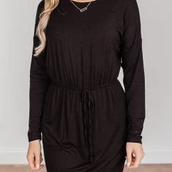 Levency Drawstring O Neck Long Sleeve Swing Dress
