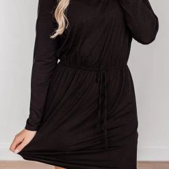 Levency Drawstring O Neck Long Sleeve Swing Dress