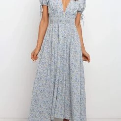 Levency Shirred Waist V Neck Maxi Dress New In