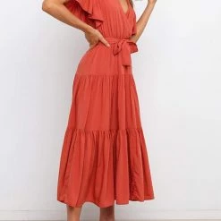 Levency New In Solid Ruffles Belted Maxi Dress