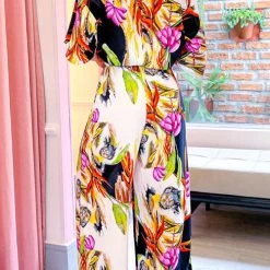 Levency Print V Neck Bat Drawstring Jumpsuits New In