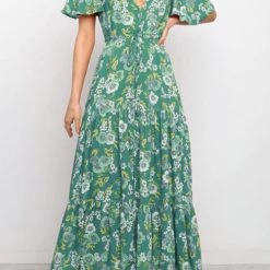 Levency New In Floral V Neck Tie Waist Maxi Dress