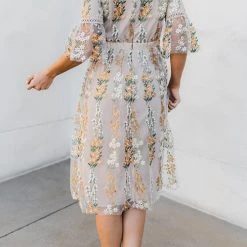 Levency New In Flutter Sleeves Bloom Embroidered Dress