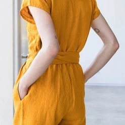 Levency New In Linen V Neck Wrap Jumpsuits