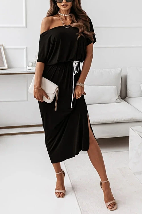 Levency Dew Shoulder Slit Belted Bat Dress 5 Levency Dew Shoulder Slit Belted Bat Dress