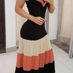 Levency New In Ruffles Hem Color Block Slip Maxi Dress