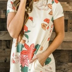 Levency Floral O Neck Pockets Midi Dress