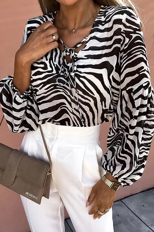 Levency Zebra Puff Sleeve Lace Neck Top 4 Levency Zebra Puff Sleeve Lace Neck Top