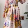 Levency Print Ruffles Puff Long Sleeve Midi Dress New In