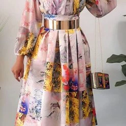 Levency Print Ruffles Puff Long Sleeve Midi Dress New In