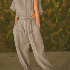 Levency Slit Back Solid Drawstring Jumpsuit 27 Levency Slit Back Solid Drawstring Jumpsuit