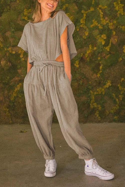 Levency Slit Back Solid Drawstring Jumpsuit 11 Levency Slit Back Solid Drawstring Jumpsuit