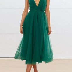 Levency Plunging Neck Backless Mesh Midi Dress New In