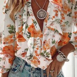 Levency New In Ruffles Button V Neck Blouse