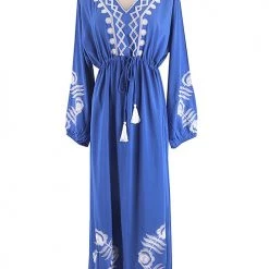 Levency Embroidered Drawstring Long Sleeve Caftan New In