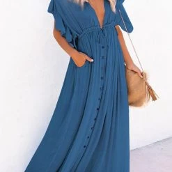 Levency New In Button Drawstring Waist Bat Maxi Cover Dress