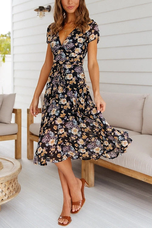 Levency Floral Print V Neck Midi Dress 4 Levency Floral Print V Neck Midi Dress