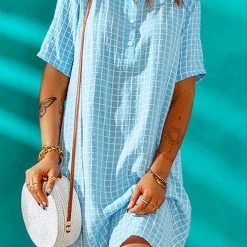 Levency Plaid Button Half Sleeve Mini Dress 15 Levency Plaid Button Half Sleeve Mini Dress